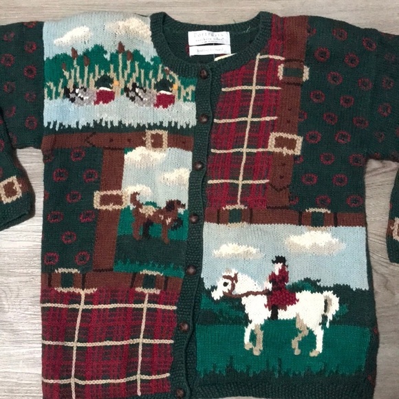 Portraits by Northern Isles Deadstock Vintage Sweater Ducks Dog Horse Plaid - Picture 6 of 6